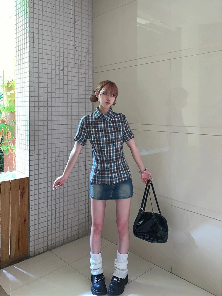 Mina Asymmetric Buttons Plaid Short Sleeve Shirt-korean-fashion-Shirt-Mina's Closet-OH Garments