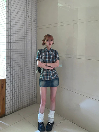Mina Asymmetric Buttons Plaid Short Sleeve Shirt-korean-fashion-Shirt-Mina's Closet-OH Garments