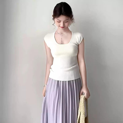 Mina Basic Solid U-Neck Knit T-Shirt-korean-fashion-T-Shirt-Mina's Closet-OH Garments