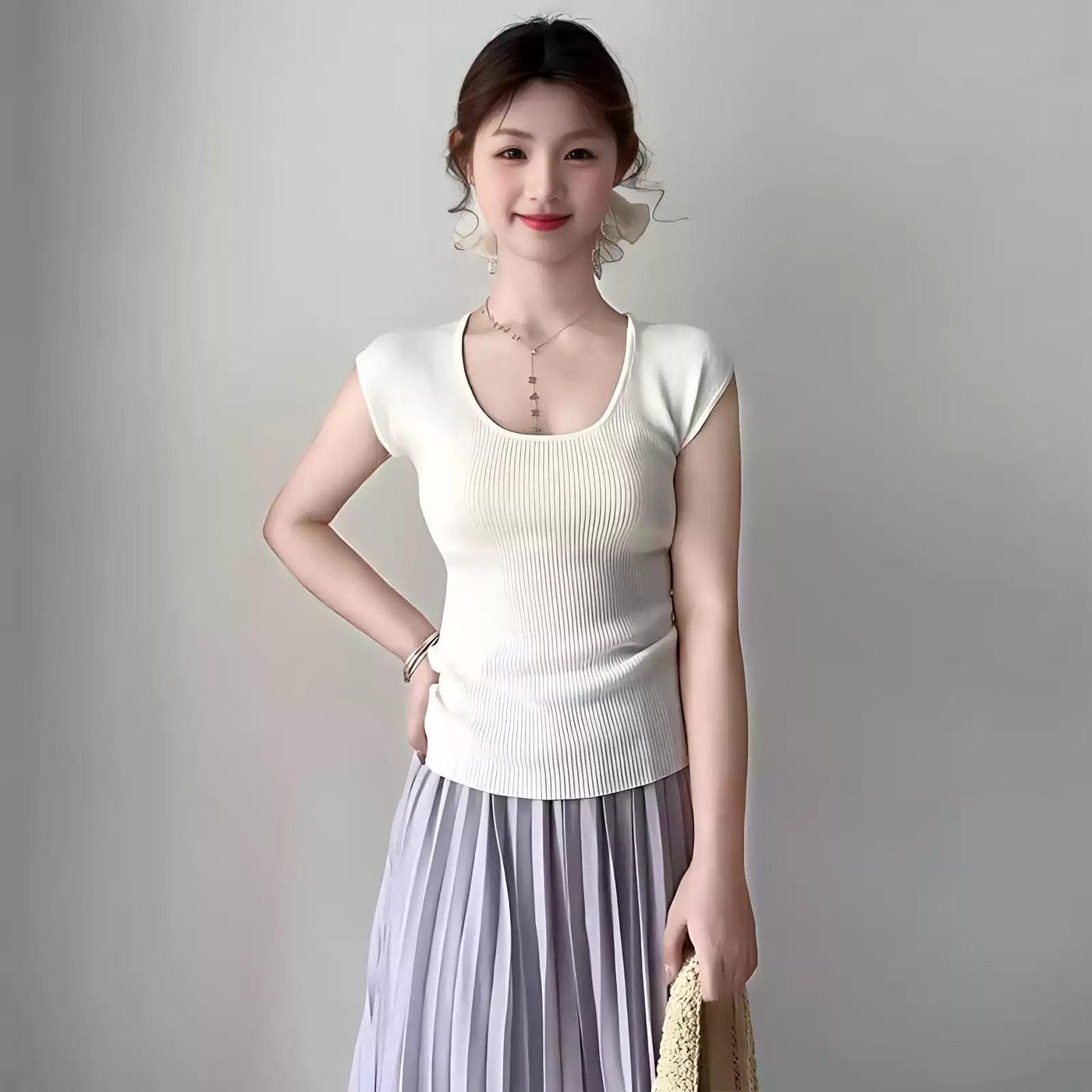 Mina Basic Solid U-Neck Knit T-Shirt-korean-fashion-T-Shirt-Mina's Closet-OH Garments