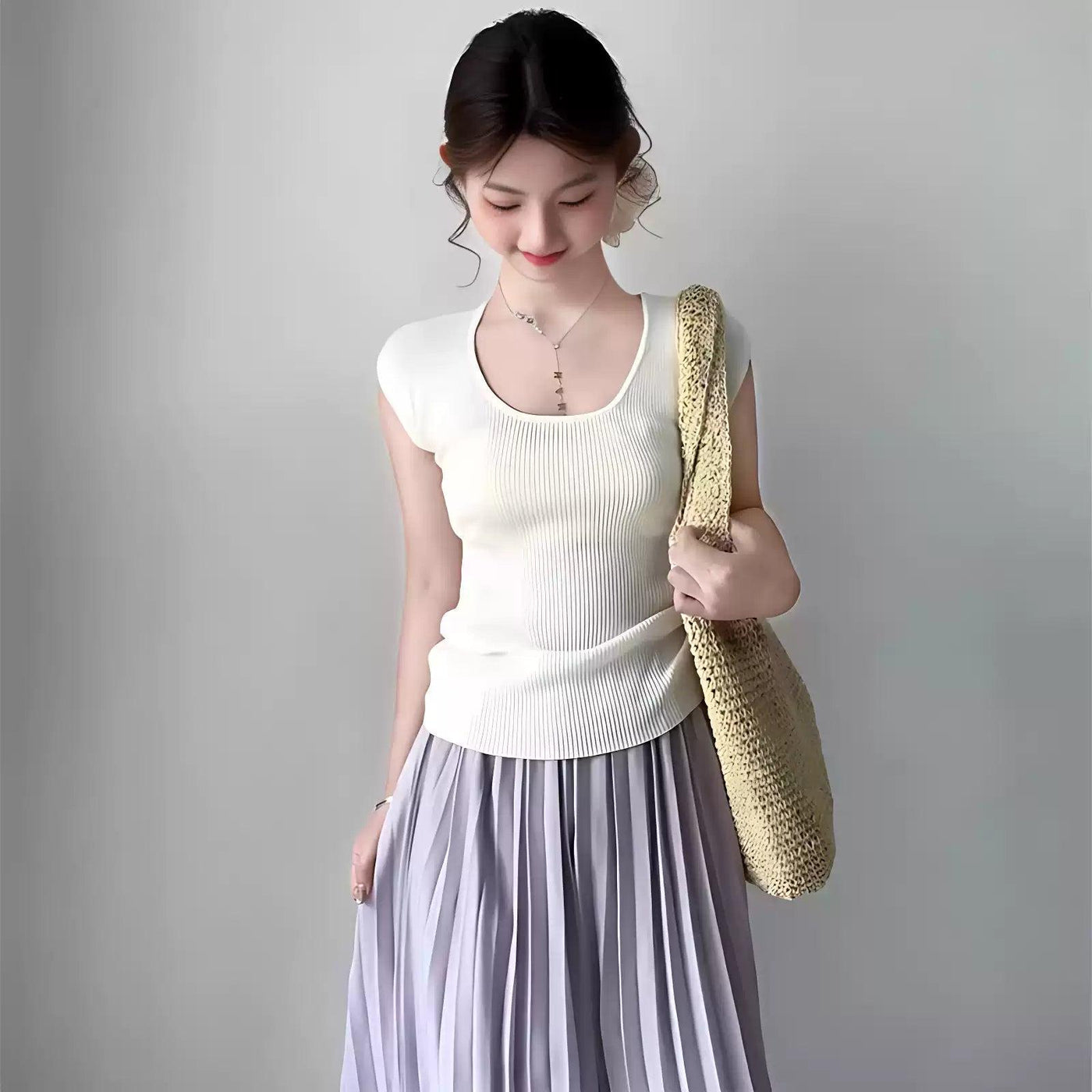 Mina Basic Solid U-Neck Knit T-Shirt-korean-fashion-T-Shirt-Mina's Closet-OH Garments