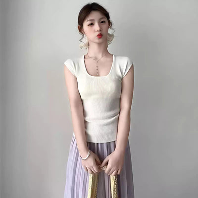 Mina Basic Solid U-Neck Knit T-Shirt-korean-fashion-T-Shirt-Mina's Closet-OH Garments