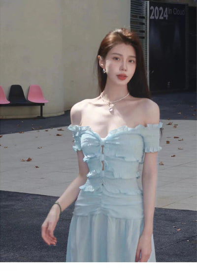 Mina Bow Pleated One-Shoulder Slit Dress-korean-fashion-Dress-Mina's Closet-OH Garments