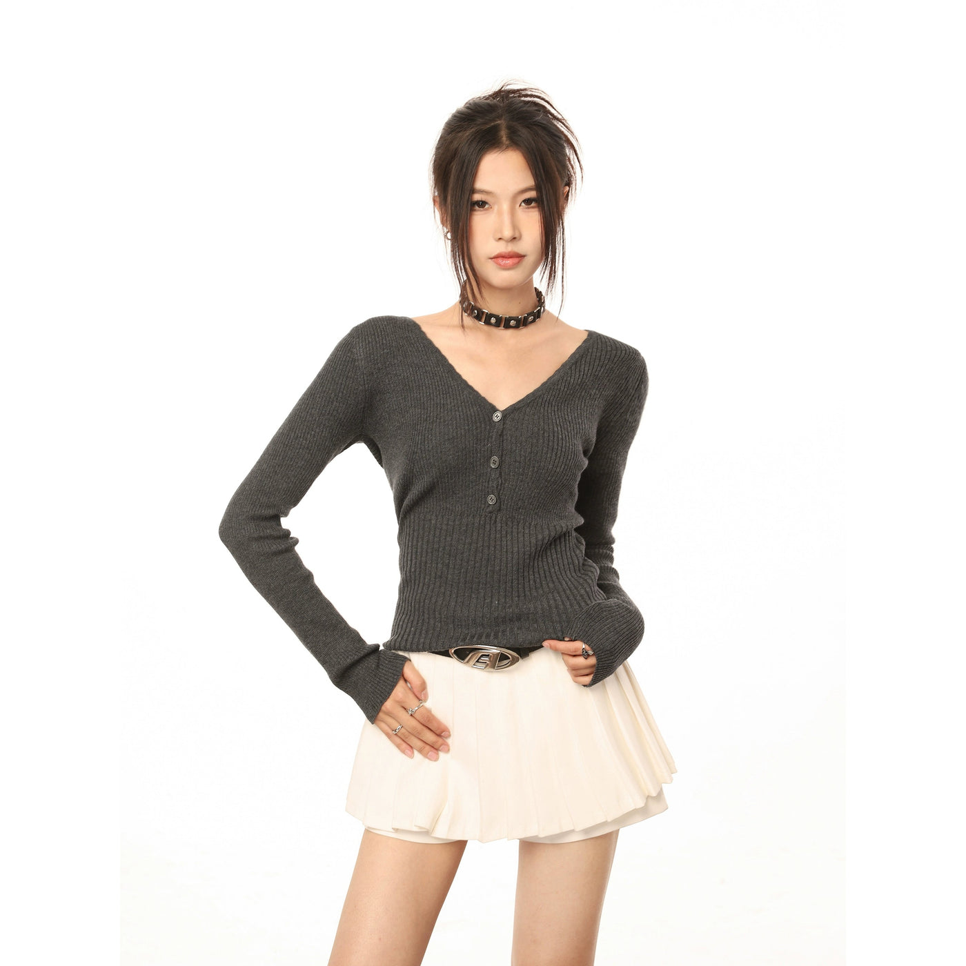 Mina Buttoned Lined Slim V-Neck Sweater-korean-fashion-Sweater-Mina's Closet-OH Garments