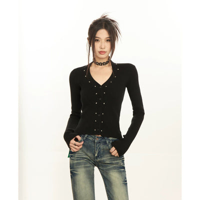 Mina Buttons Pattern Knit V-Neck Cardigan-korean-fashion-Cardigan-Mina's Closet-OH Garments