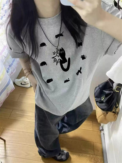 Mina Cats Graphic Print T-Shirt-korean-fashion-T-Shirt-Mina's Closet-OH Garments
