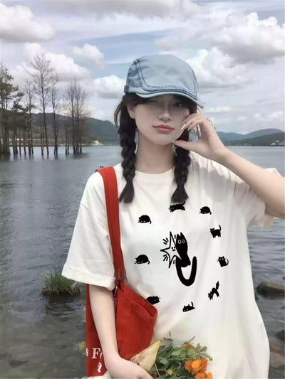 Mina Cats Graphic Print T-Shirt-korean-fashion-T-Shirt-Mina's Closet-OH Garments