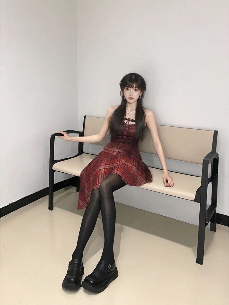 Mina Chest Strap Plaid Dress-korean-fashion-Dress-Mina's Closet-OH Garments