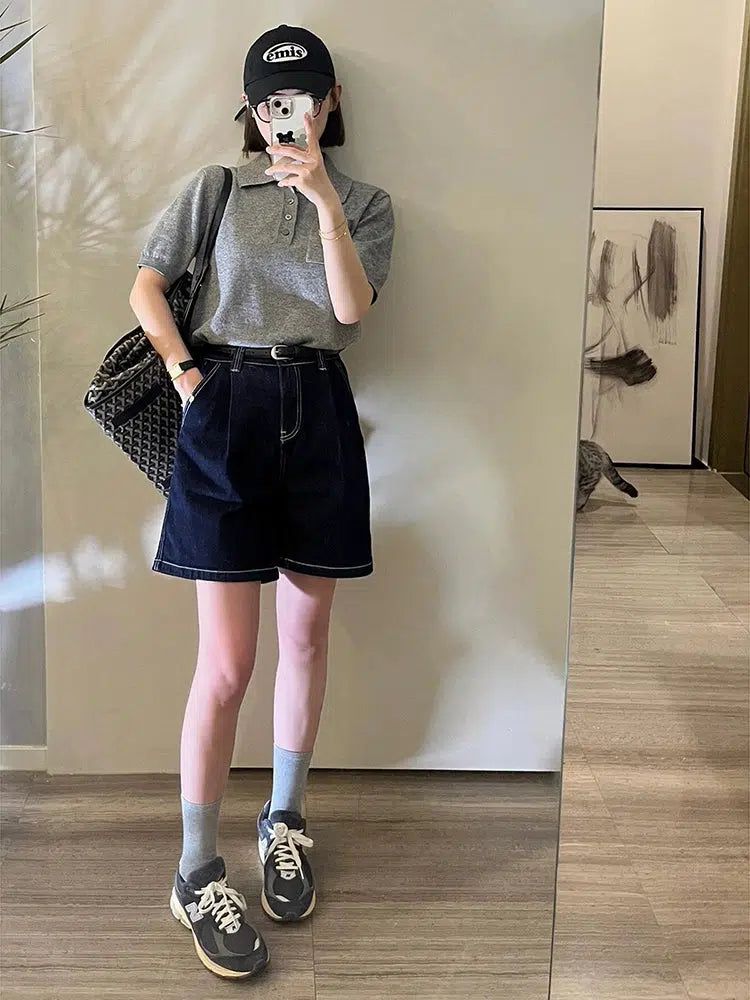 Mina Contrast Topstitching Denim Shorts-korean-fashion-Shorts-Mina's Closet-OH Garments