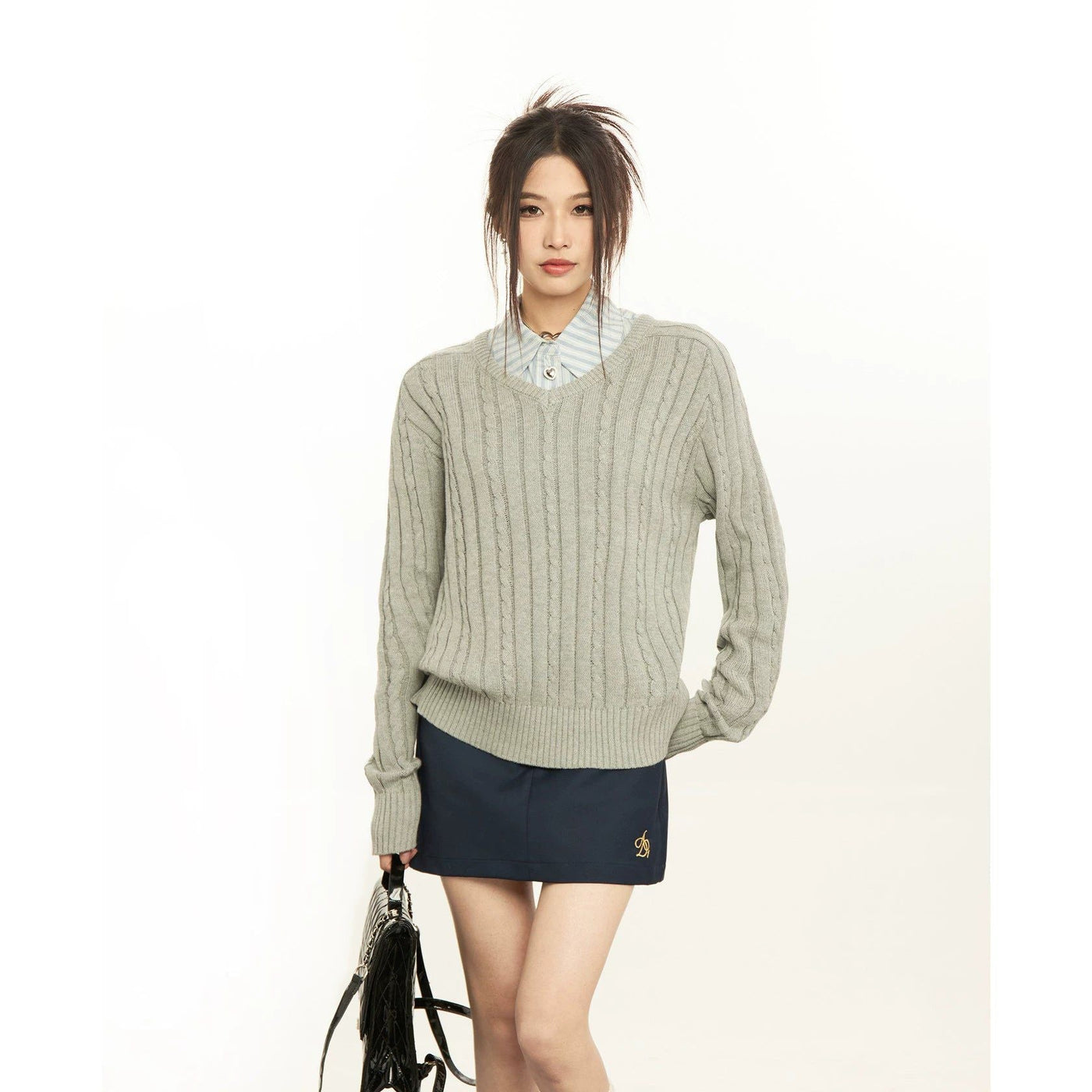 Mina Cozy Fit Cable Knit V-Neck Sweater-korean-fashion-Sweater-Mina's Closet-OH Garments