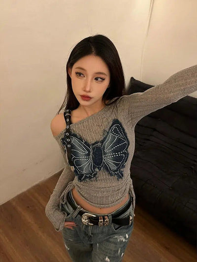 Mina Denim Butterfly Patch T-Shirt-korean-fashion-T-Shirt-Mina's Closet-OH Garments