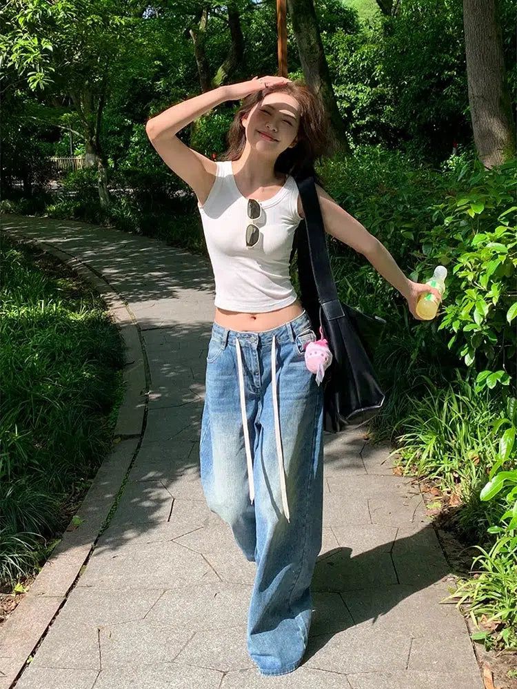 Mina Drawstring Faded Jeans-korean-fashion-Jeans-Mina's Closet-OH Garments