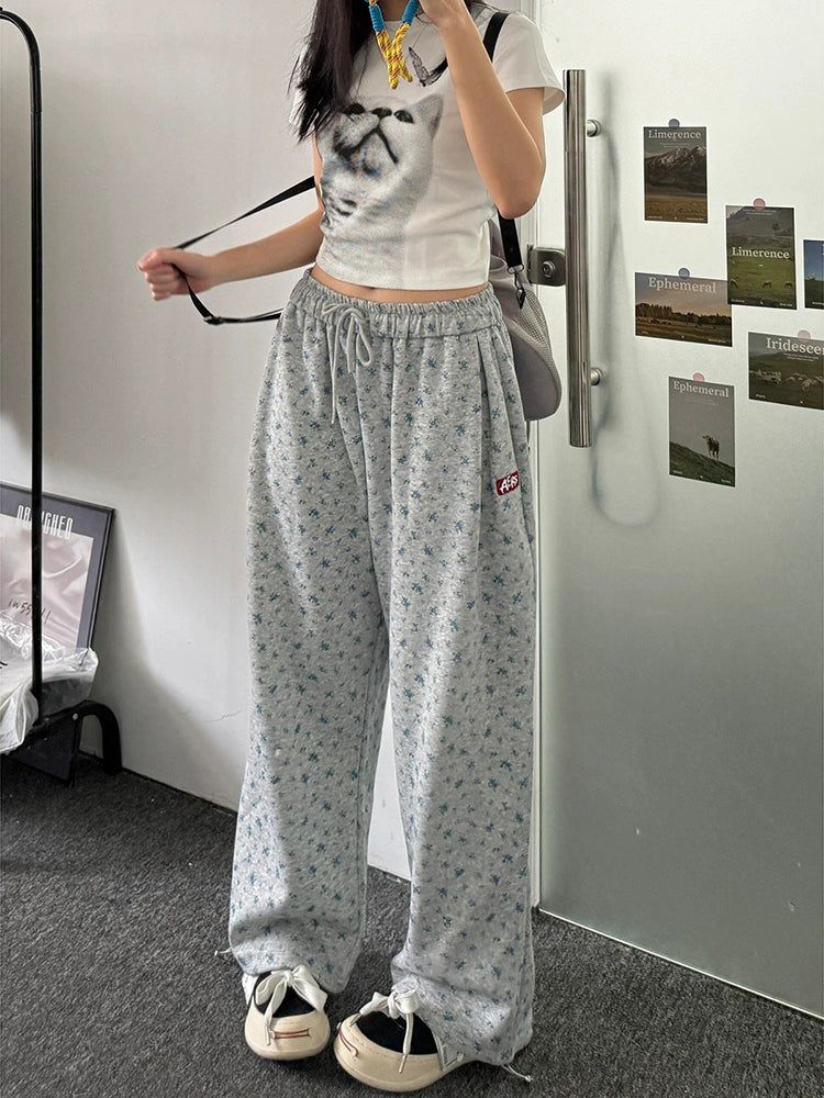 Mina Drawstring Floral Full-Print Sweatpants-korean-fashion-Pants-Mina's Closet-OH Garments