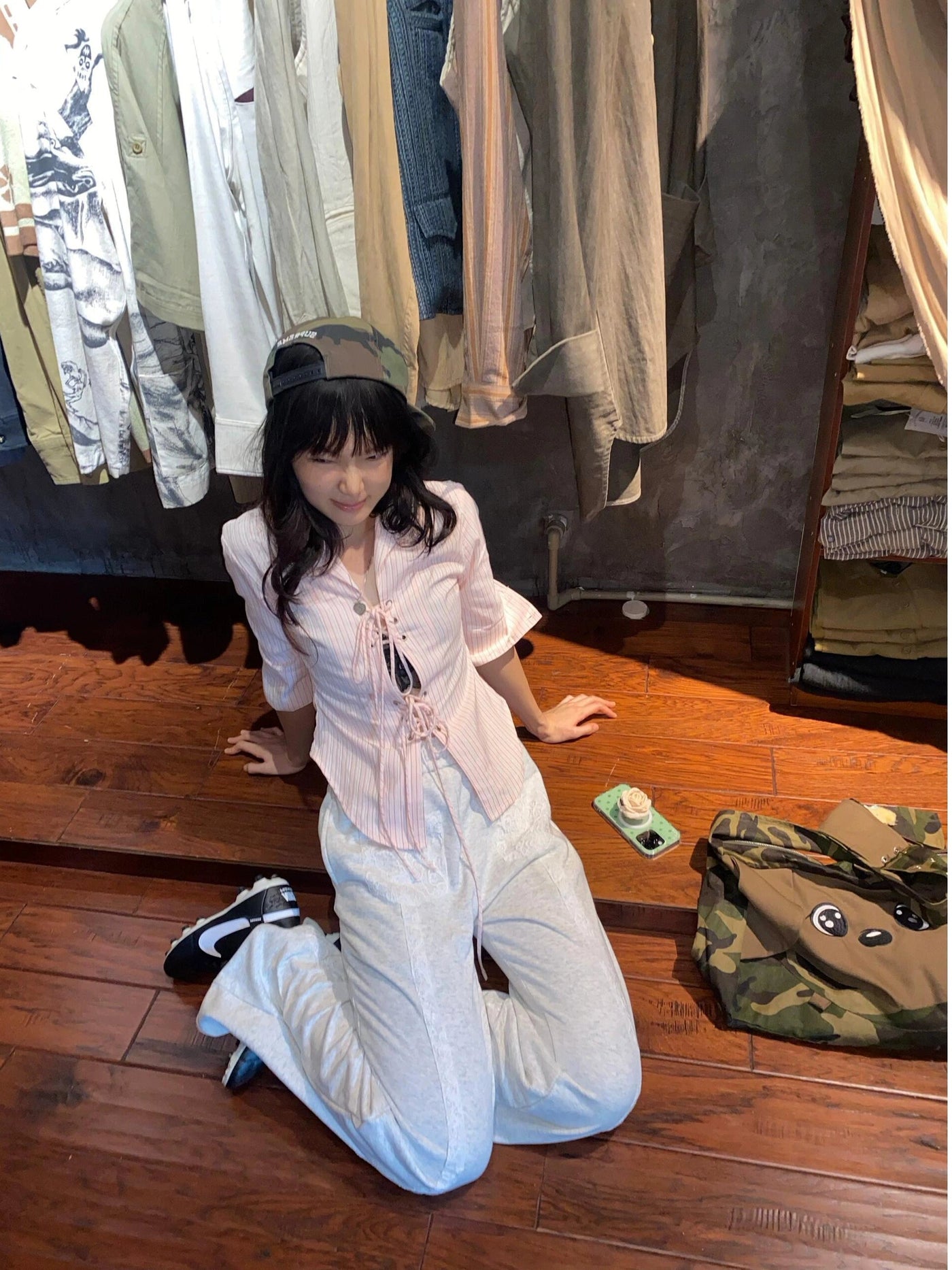Mina Drawstring Vertical Stripes Short Sleeve Shirt-korean-fashion-Shirt-Mina's Closet-OH Garments