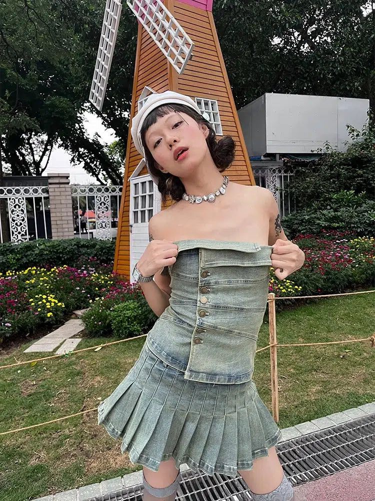 Mina Faded Buttons Denim Tube Top & Pleated Skirt Set-korean-fashion-Clothing Set-Mina's Closet-OH Garments
