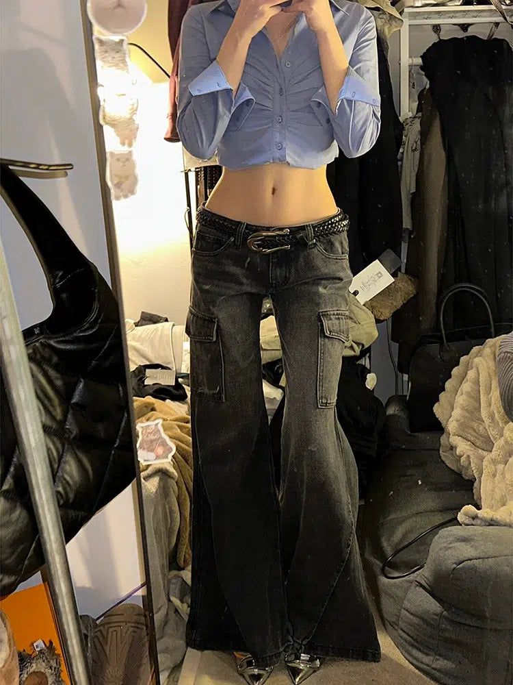 Mina Faded Flared Cargo Jeans-korean-fashion-Jeans-Mina's Closet-OH Garments