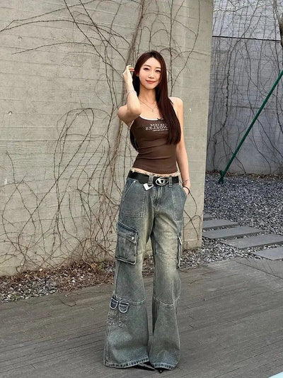 Mina Faded Raw Edge Cargo Jeans-korean-fashion-Jeans-Mina's Closet-OH Garments