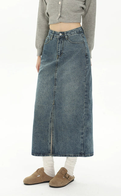 Mina Faded Slit Detail Denim Long Skirt-korean-fashion-Skirt-Mina's Closet-OH Garments