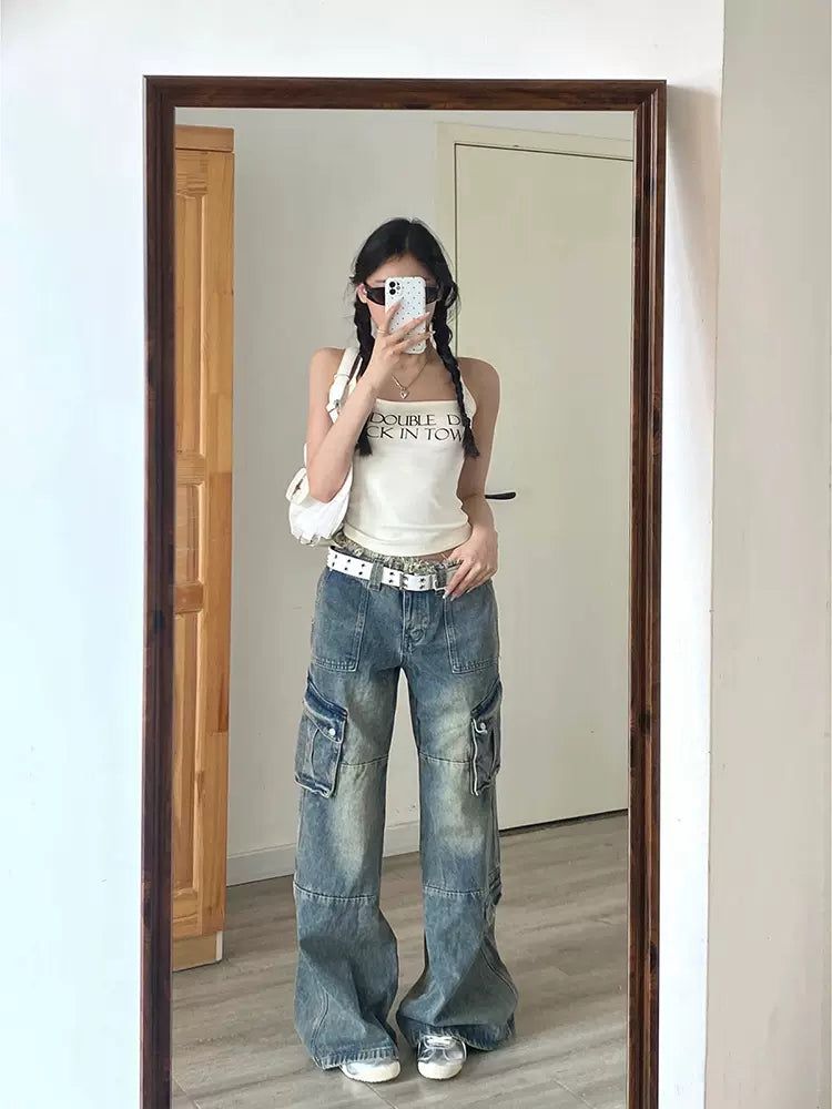 Mina Faded Wide Flared Cargo Jeans-korean-fashion-Jeans-Mina's Closet-OH Garments
