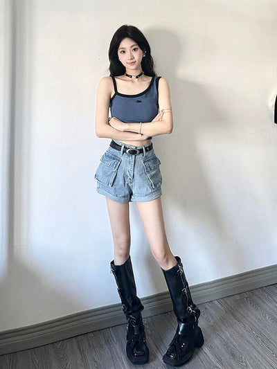 Mina Flap Pocket High Waisted Denim Shorts-korean-fashion-Shorts-Mina's Closet-OH Garments