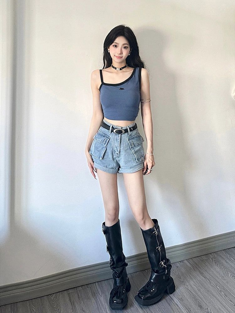 Mina Flap Pocket High Waisted Denim Shorts-korean-fashion-Shorts-Mina's Closet-OH Garments