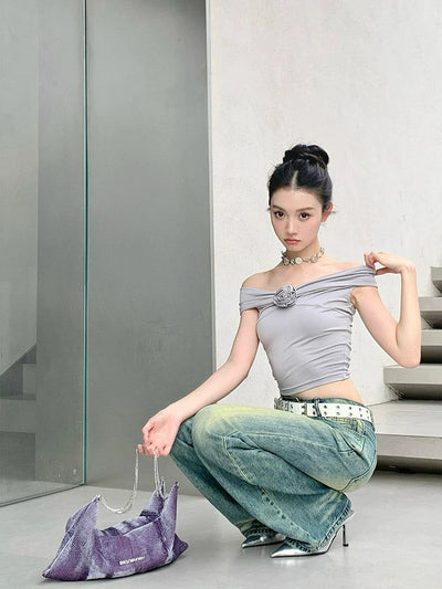 Mina Flower Accent Off-Shoulder Knit Blouse-korean-fashion-Blouse-Mina's Closet-OH Garments