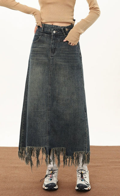 Mina Frayed Long Denim Skirt-korean-fashion-Skirt-Mina's Closet-OH Garments