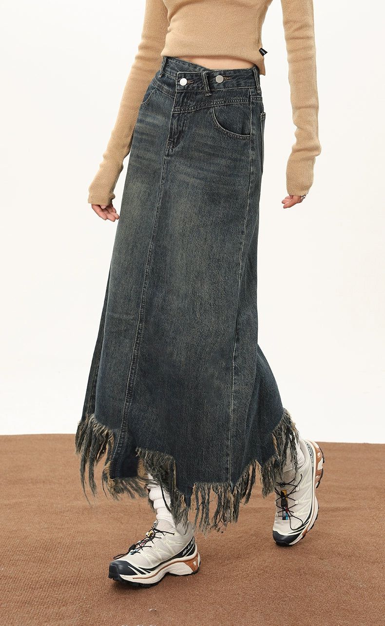 Mina Frayed Long Denim Skirt-korean-fashion-Skirt-Mina's Closet-OH Garments