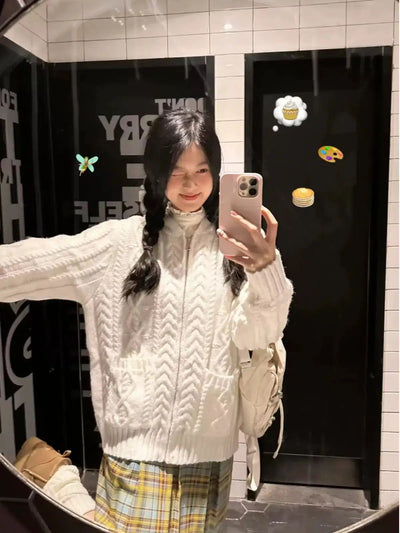 Mina Front Pocket Cable Knit Zipped Sweater-korean-fashion-Jacket-Mina's Closet-OH Garments