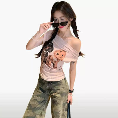 Mina Graphic Print Off-Shoulder T-Shirt-korean-fashion-T-Shirt-Mina's Closet-OH Garments