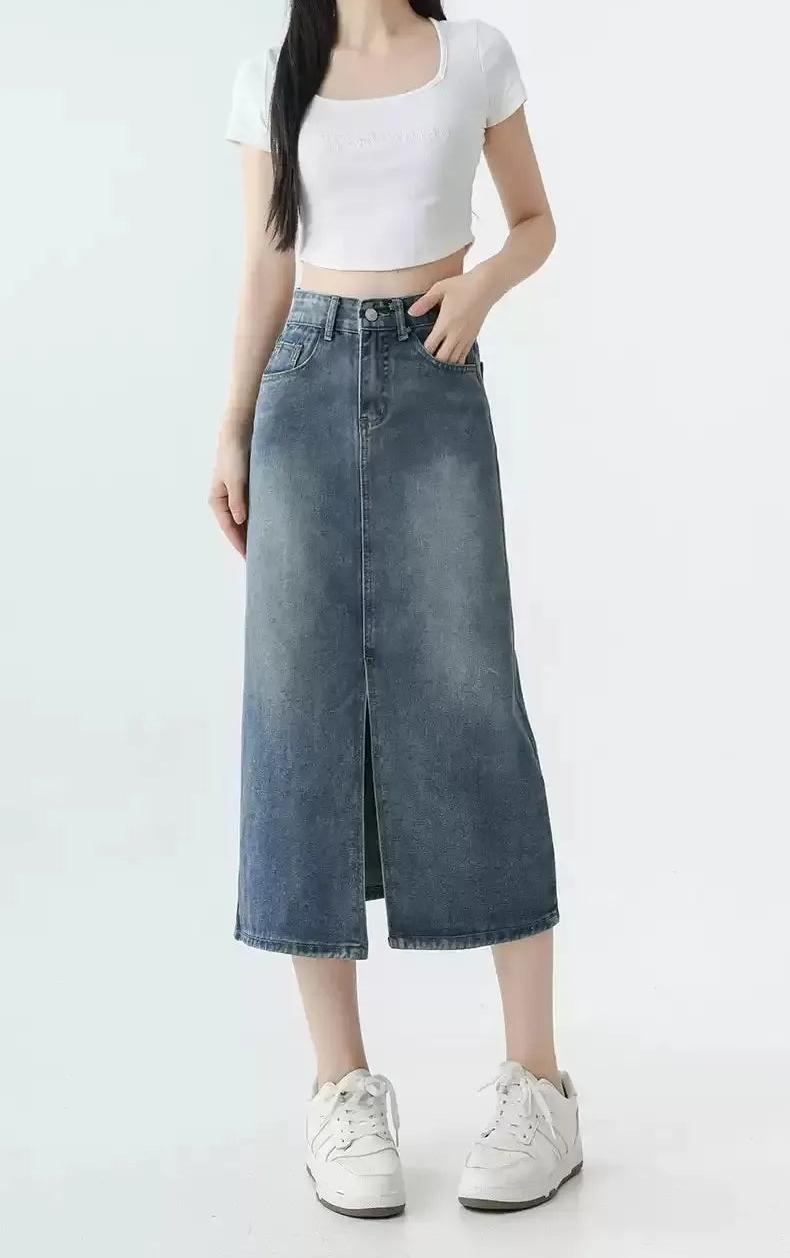 Mina High Waist Mid-Slit Denim Skirt-korean-fashion-Skirt-Mina's Closet-OH Garments