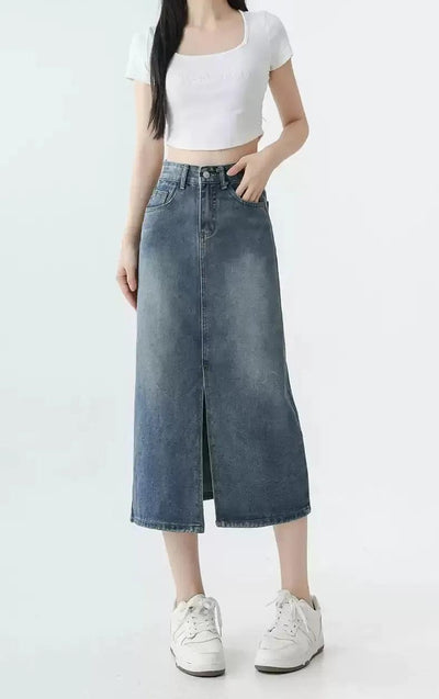 Mina High Waist Mid-Slit Denim Skirt-korean-fashion-Skirt-Mina's Closet-OH Garments