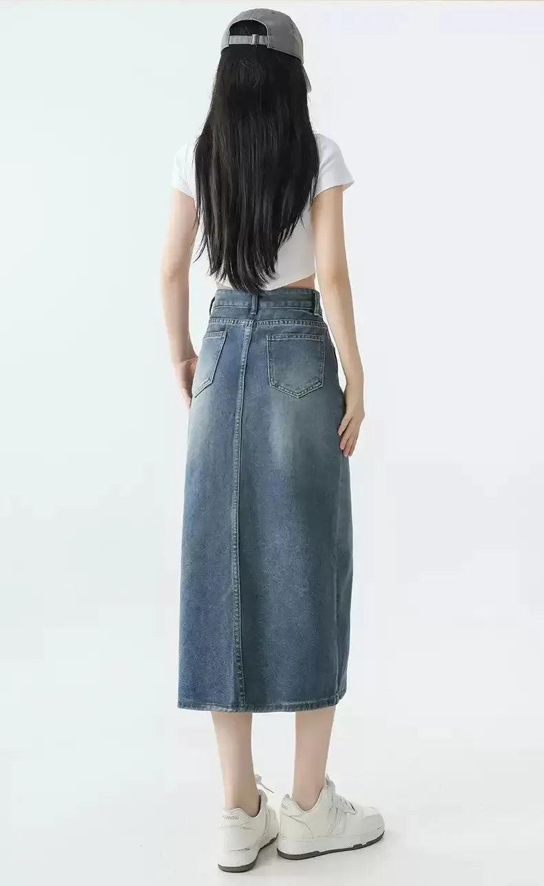 Mina High Waist Mid-Slit Denim Skirt-korean-fashion-Skirt-Mina's Closet-OH Garments