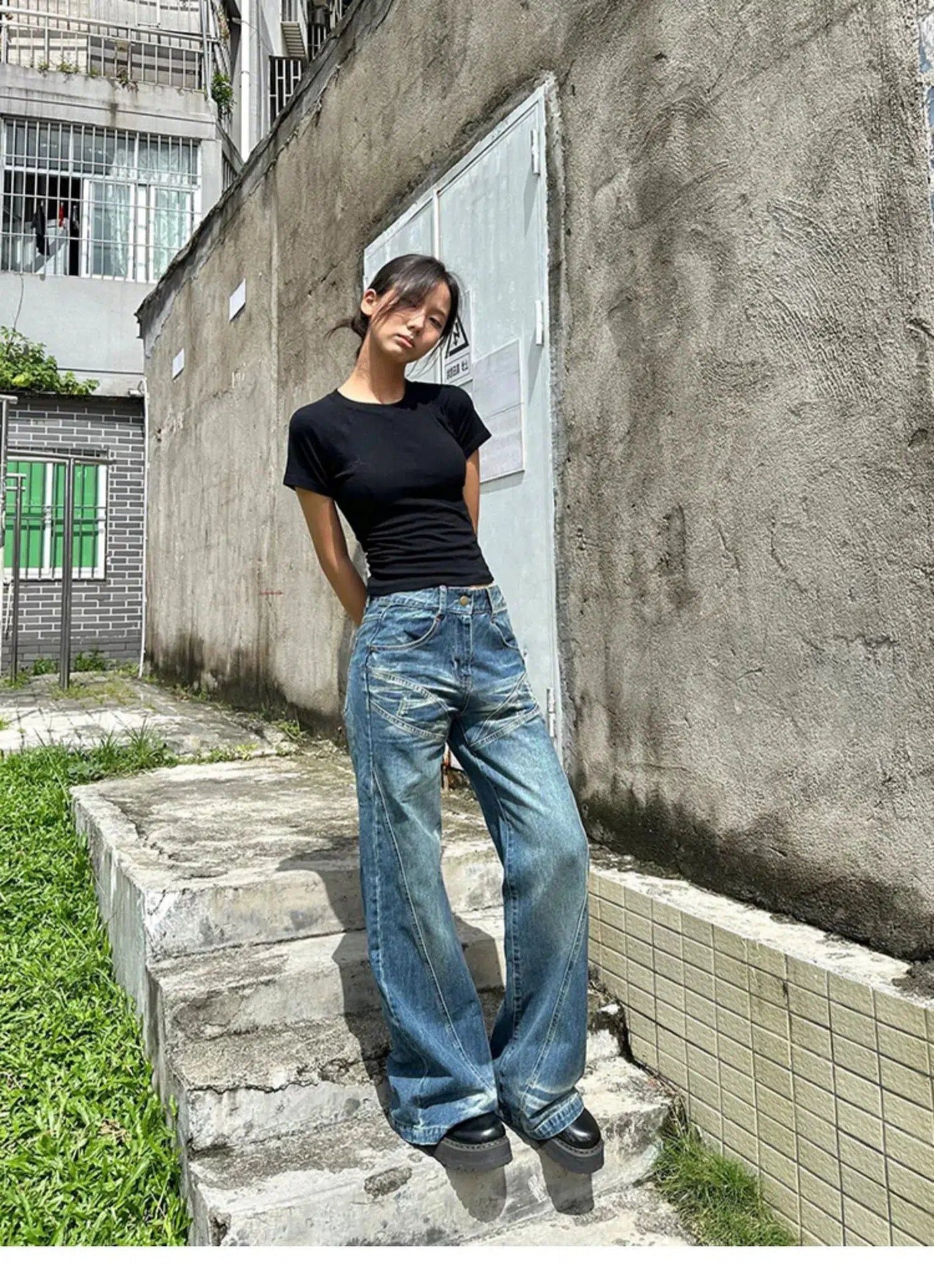 Mina High Waist Washed Bootcut Jeans-korean-fashion-Jeans-Mina's Closet-OH Garments