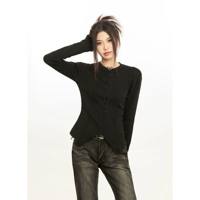Mina Irregular Hem Lace-Up Long Sleeve T-Shirt-korean-fashion-T-Shirt-Mina's Closet-OH Garments