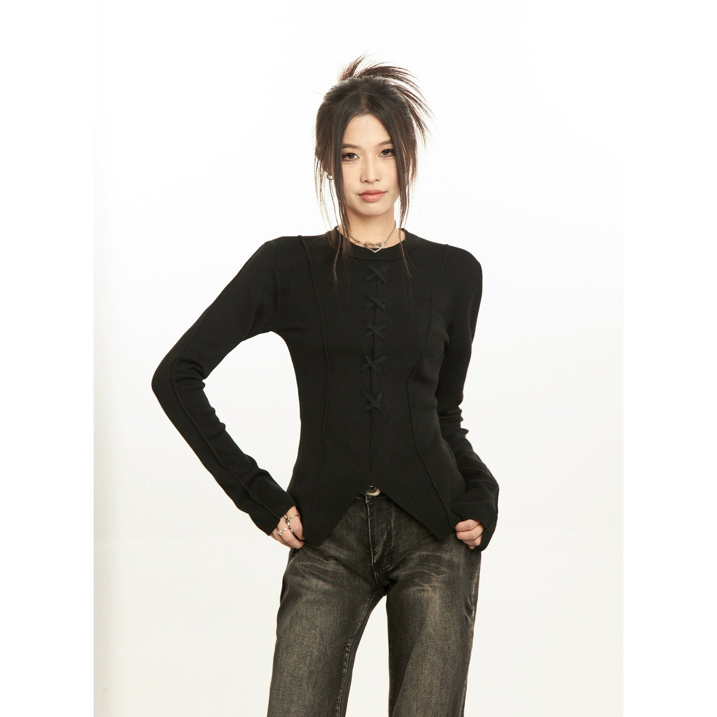 Mina Irregular Hem Lace-Up Long Sleeve T-Shirt-korean-fashion-T-Shirt-Mina's Closet-OH Garments