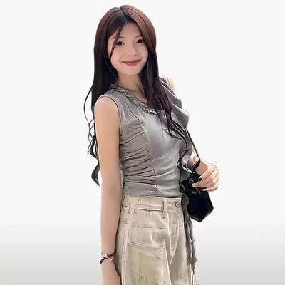 Mina Irregular Lace Pleated Camisole-korean-fashion-Camisole-Mina's Closet-OH Garments