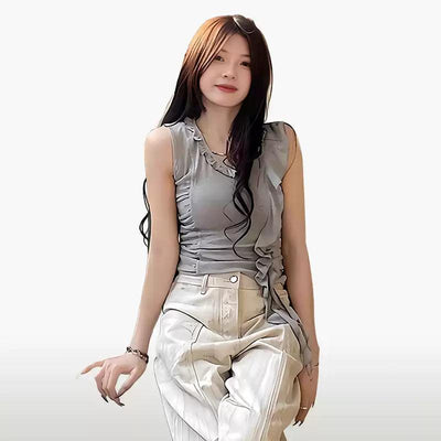Mina Irregular Lace Pleated Camisole-korean-fashion-Camisole-Mina's Closet-OH Garments