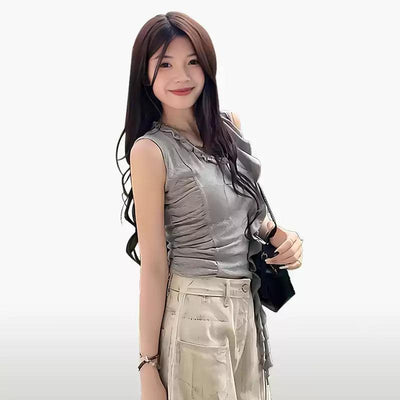 Mina Irregular Lace Pleated Camisole-korean-fashion-Camisole-Mina's Closet-OH Garments