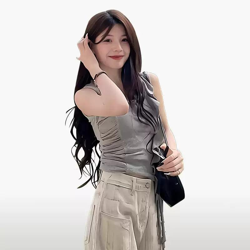 Mina Irregular Lace Pleated Camisole-korean-fashion-Camisole-Mina's Closet-OH Garments