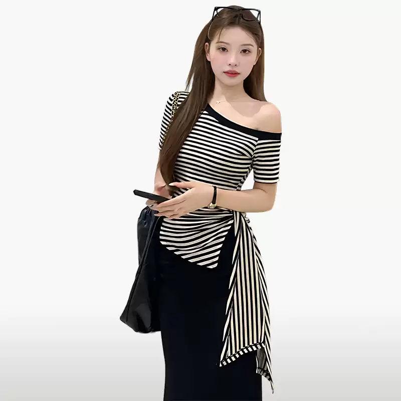 Mina Irregular Strap Striped Blouse-korean-fashion-Blouse-Mina's Closet-OH Garments
