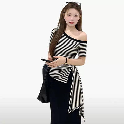 Mina Irregular Strap Striped Blouse-korean-fashion-Blouse-Mina's Closet-OH Garments