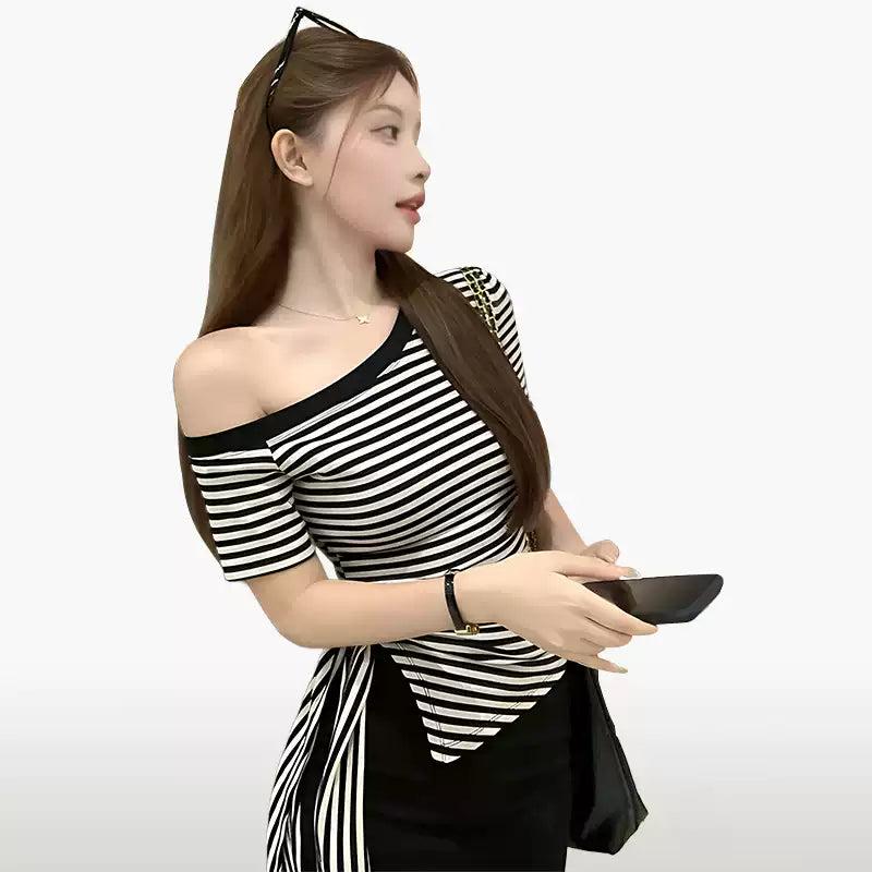 Mina Irregular Strap Striped Blouse-korean-fashion-Blouse-Mina's Closet-OH Garments
