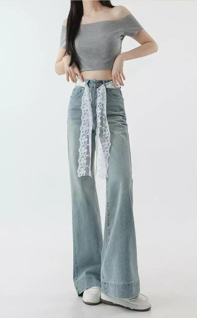 Mina Lace Belted Flared Jeans-korean-fashion-Jeans-Mina's Closet-OH Garments