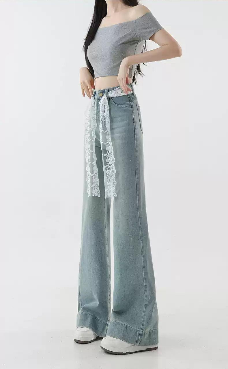 Mina Lace Belted Flared Jeans-korean-fashion-Jeans-Mina's Closet-OH Garments