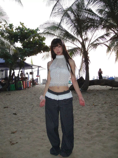 Mina Lace Polkadots Halterneck Blouse & Vertical Stripes Pants Set-korean-fashion-Clothing Set-Mina's Closet-OH Garments