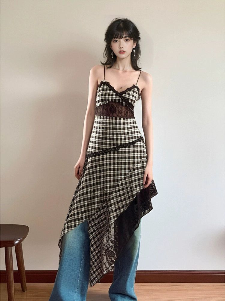 Mina Lace Splicing Plaid Dress-korean-fashion-Dress-Mina's Closet-OH Garments