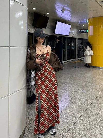 Mina Lace-Up Plaid Slit Dress-korean-fashion-Dress-Mina's Closet-OH Garments