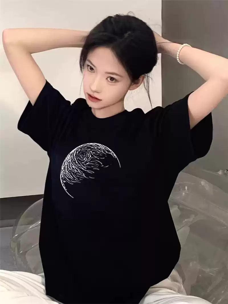 Mina Moon Sketch Graphic T-Shirt-korean-fashion-T-Shirt-Mina's Closet-OH Garments