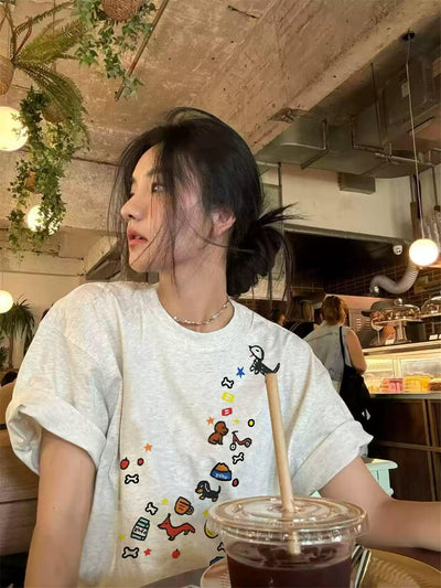 Mina Mutil-Stickers Print T-Shirt-korean-fashion-T-Shirt-Mina's Closet-OH Garments